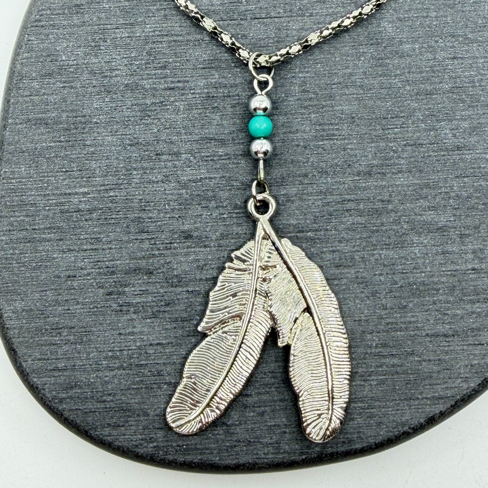 Silver & Turquoise Tone Double Feather Pendant Necklace Bead Western Statement